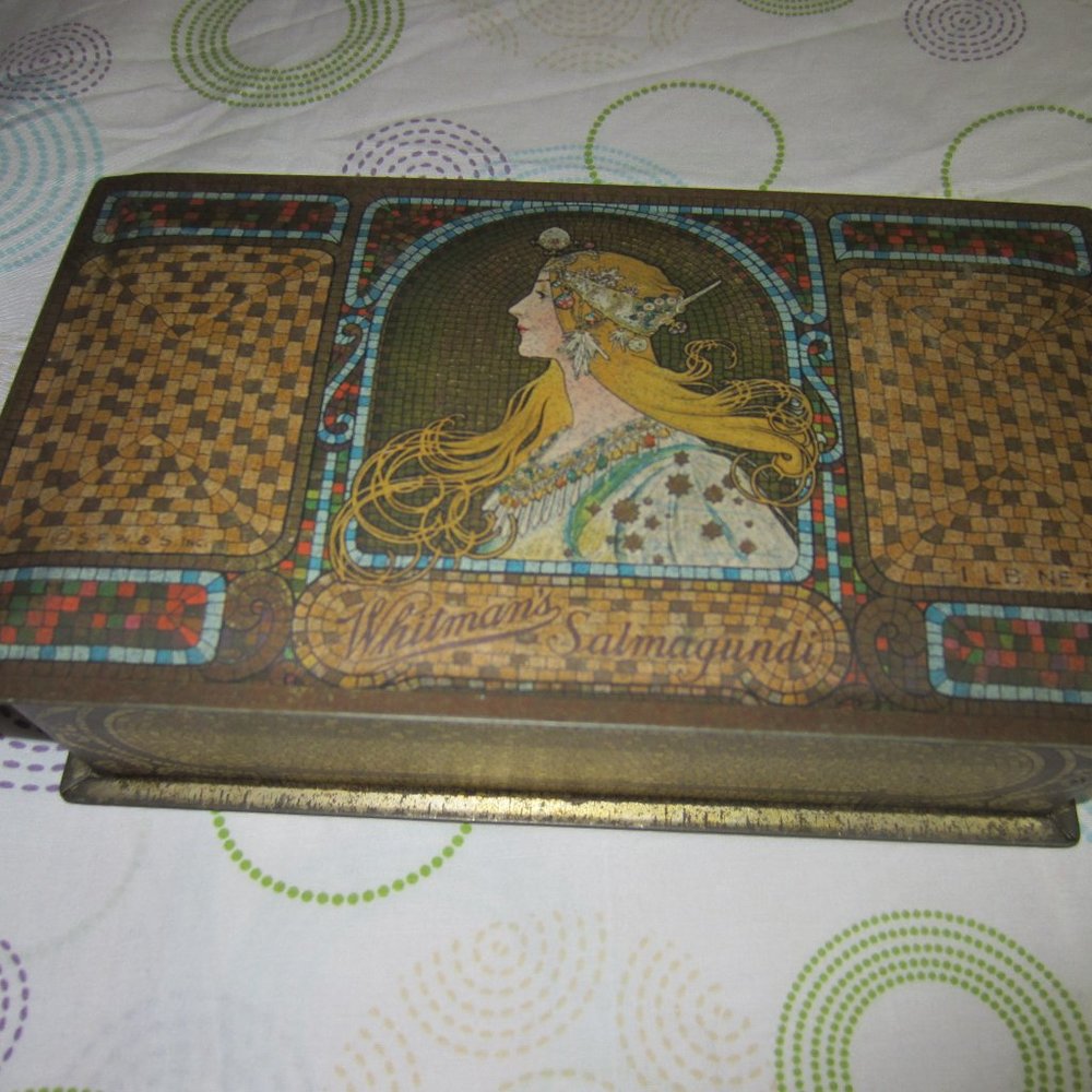 VINTAGE/1920'S -WHITMAN'S MOSALIC TIN CANDY BOX, STILL HAS STICKER ON BOTTOM
